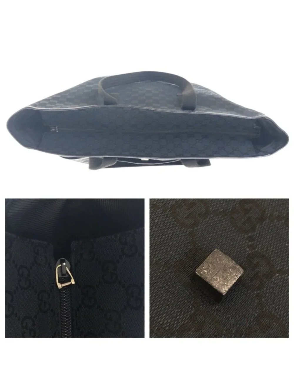 Gucci Black Silver GG Canvas Leather Tote Shoulder Bag